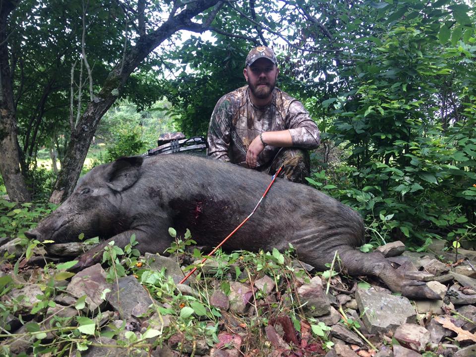 Man posing with hunted boar