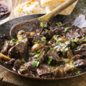 cooked venison ragout in a pan