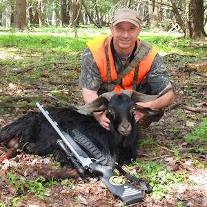 Man posing with hunted Spanish Goat