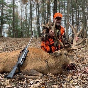 Hunter posing with a red stag deer